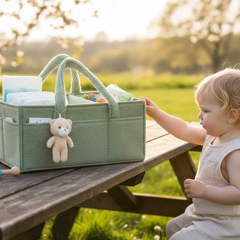 Enfant assis à côté de panier de rangement bebe pastel