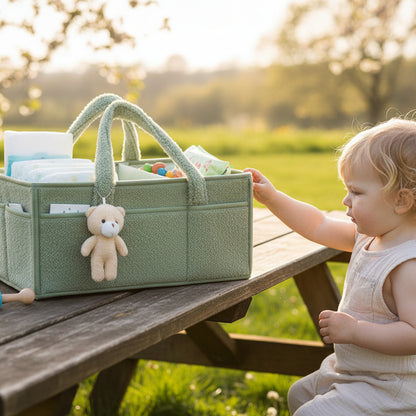 Enfant assis à côté de panier de rangement bebe pastel
