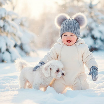 Enfant avec chiot dans neige  avec bonnet bébé pompons mignons