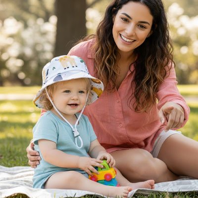 Enfant curieux avec bob bebe parc safari