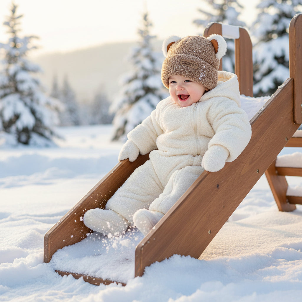 Enfant-dans-glissade-avec-bonnet bébé ourson mini marron