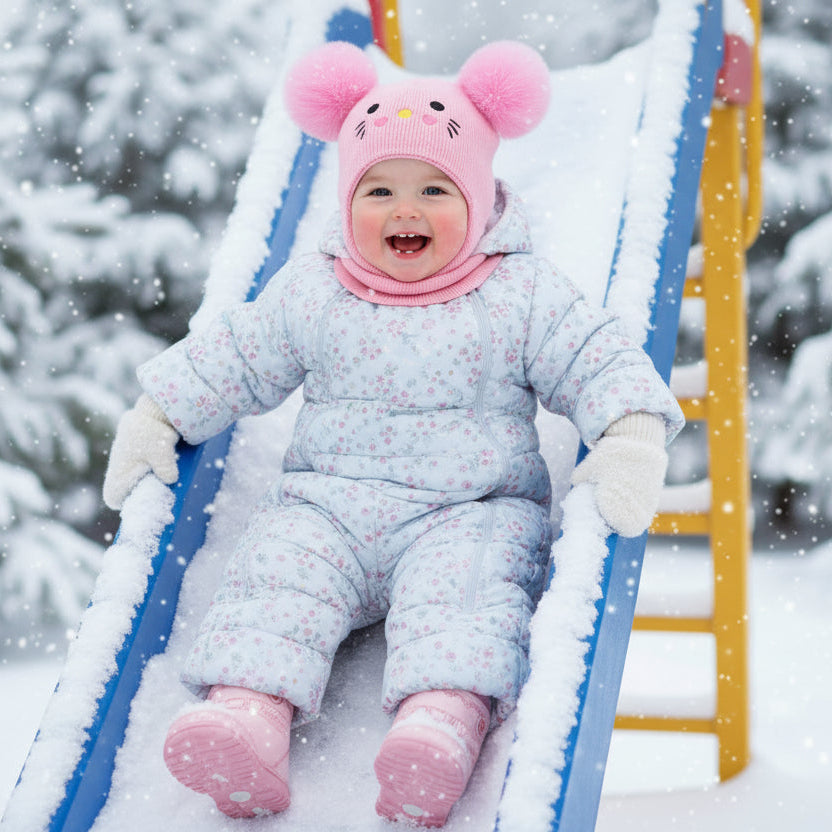 Enfant dans glissade avec cagoule pour bebe souris brodée