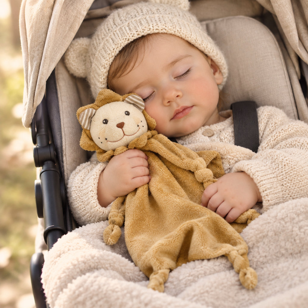 Enfant dans poussette avec doudou bebe sérénité 