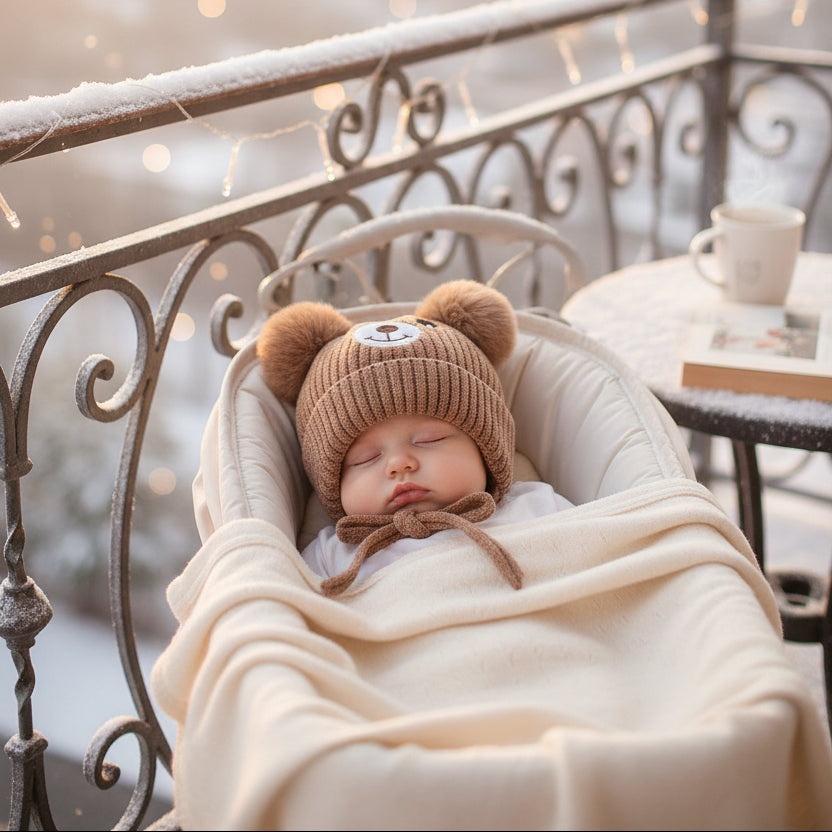 Enfant dort dans poussette avec bonnet pour bébé nounours joyeux