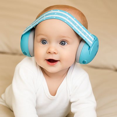 Enfant émerveillé avec casque anti bruit bébé ultra confort bleu