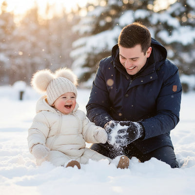 Enfant et papa dans neige  avec bonnet bébé pompons mignons