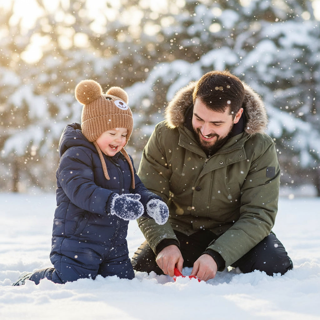 Enfant et papa jouent dans neige avec bonnet pour bébé nounours joyeux