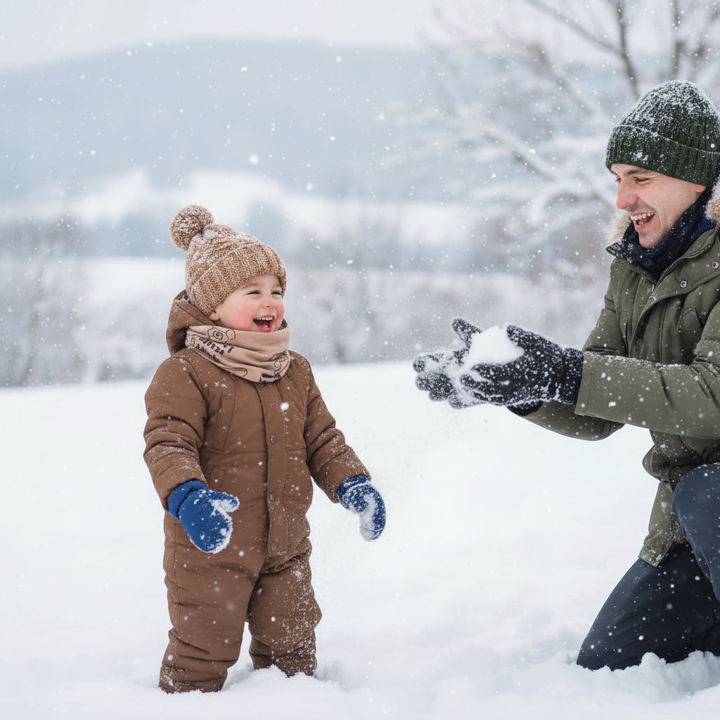 Enfant et père jouent dans neige avec tour de cou enfant adorable brun