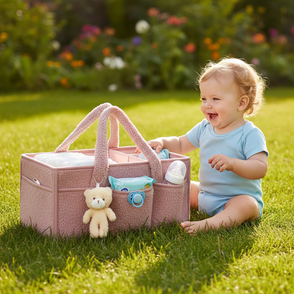 Enfant heureux avec panier de rangement bebe pastel