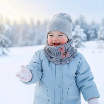 Enfant joue dans neige avec tour de cou enfant rigolo