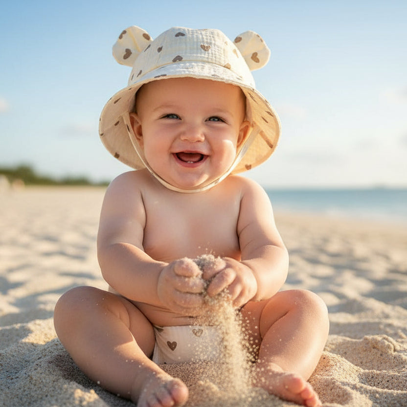 Enfant joue dans sable avec bob pour bebe protection solaire