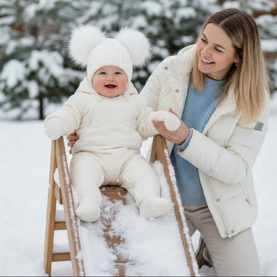 Enfant sur glissade avec bonnet bébé pompons mignons