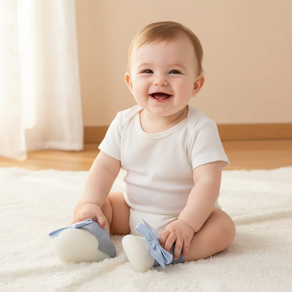 Enfant heureux avec chaussure bebe fille boucle souple bleue