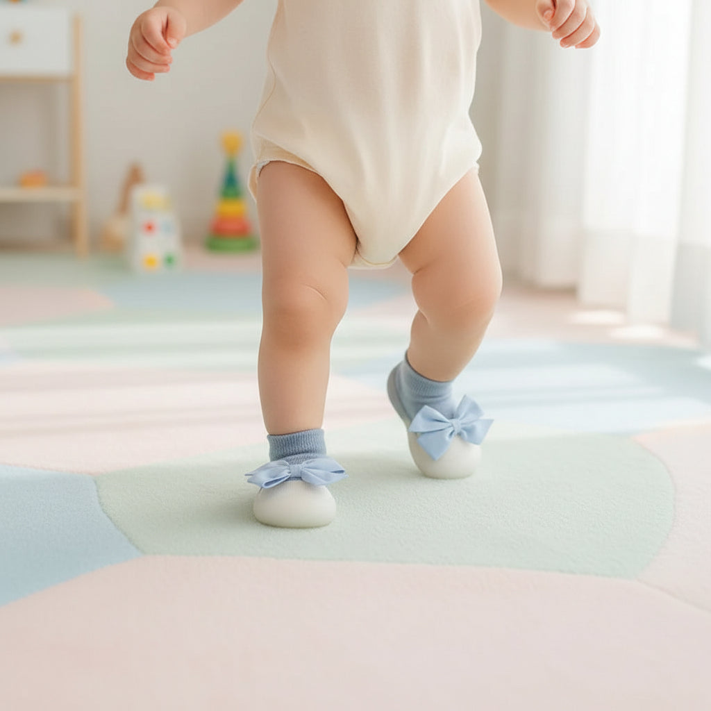 Enfant marche avec chaussure bebe fille boucle souple bleue