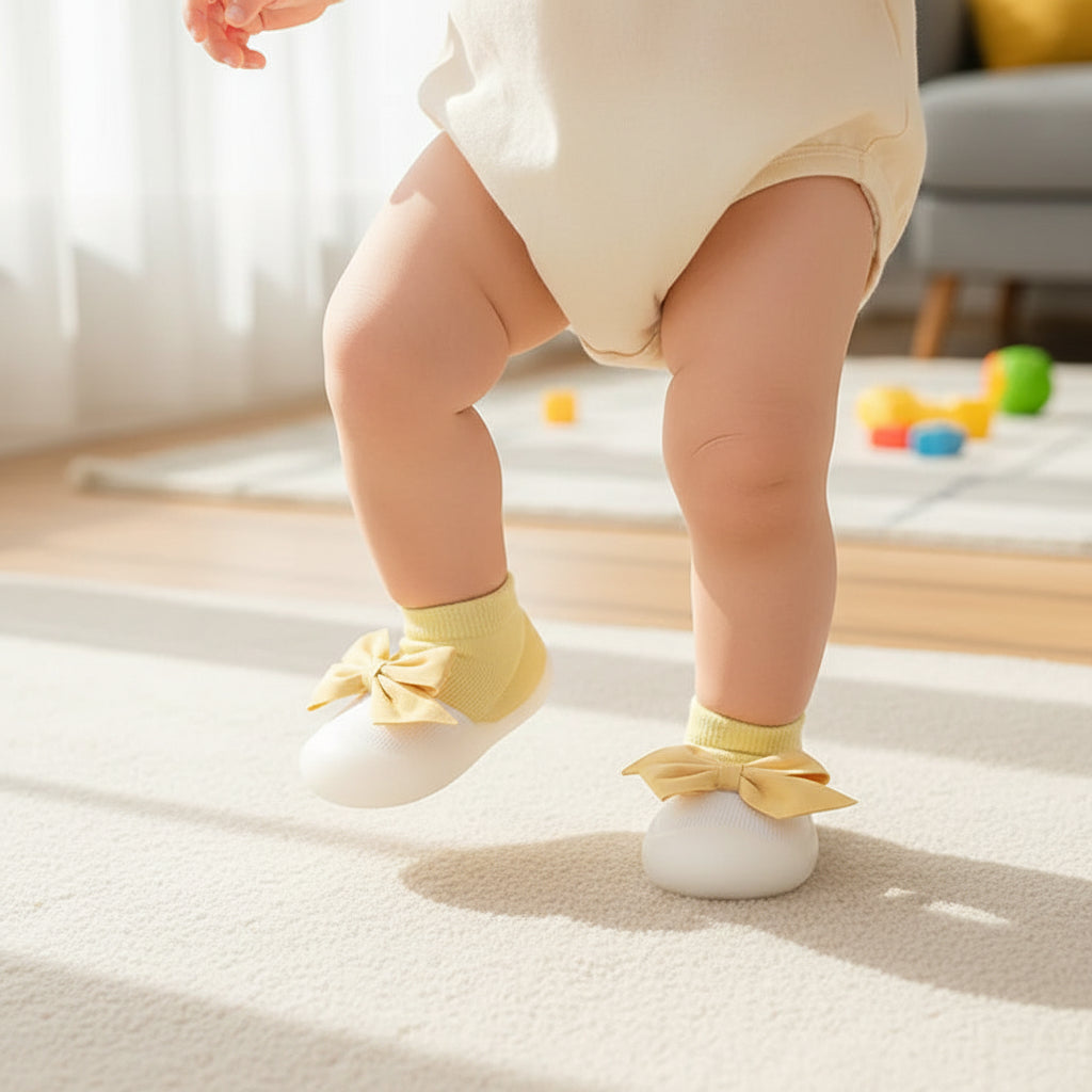 Enfant marche avec chaussure bebe fille boucle souple jaune