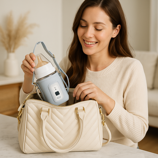 Femme-met-dans-sac-à-langer-chauffe-biberon-nomad-rechargeable