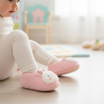 Fillette avec chausson bebe lapereau mignon rose