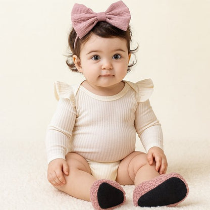 Fillette avec chaussons bébé antidérapants roses
