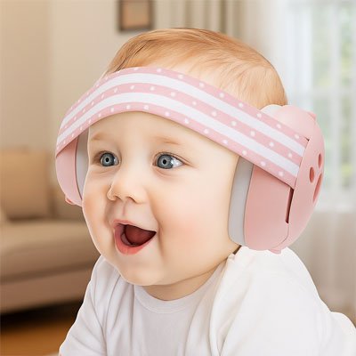 Fillette émerveillée avec casque anti bruit ultra confort rose