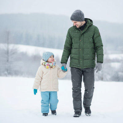 Fillette et papa marchent dans neige avec tour de cou enfant dessins créatifs