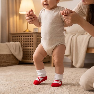 Fillette marche avec chaussettes bebe fille élégantes rouge