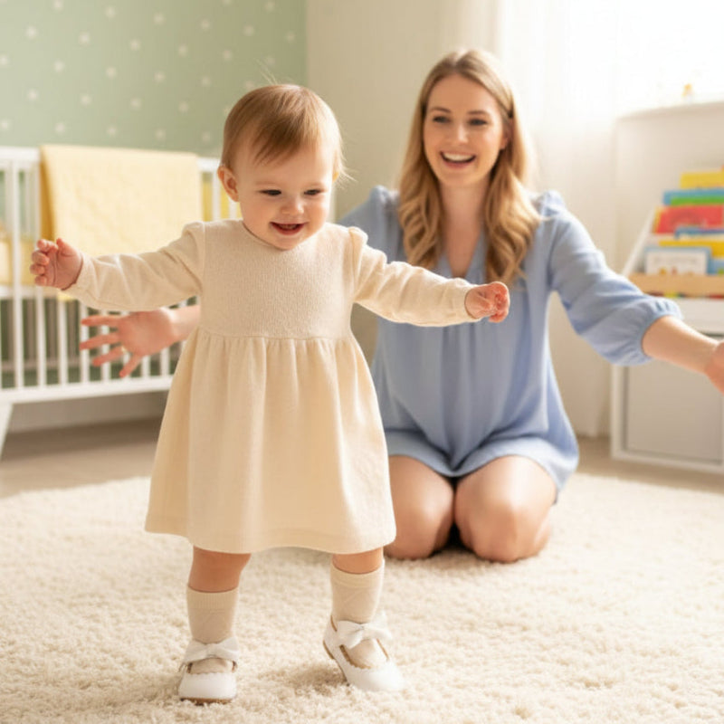 Fillette fait premiers pas avec chaussure bebe fille bordure dentelle blanche