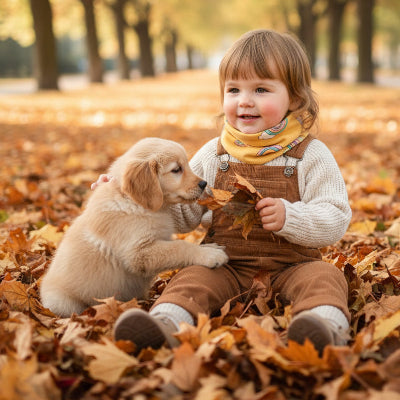Fillette joue dans feuilles avec tour de cou pour bebe tout doux