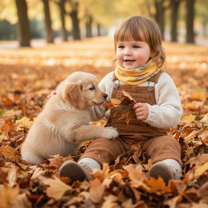Fillette_joue_feuilles_avec_tour_de_cou_pour_bebe_tout_doux