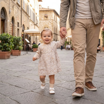 Fillette marche avec papa et chaussure bebe fille bordure dentelle 