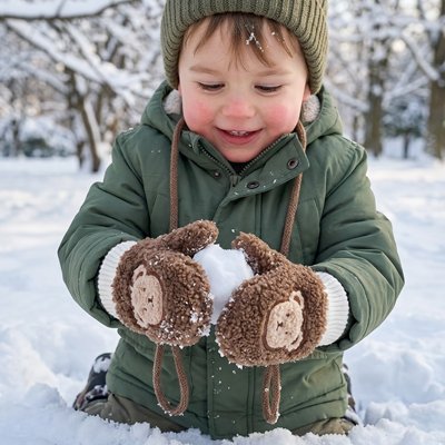 Garçon avec moufle bébé hiver ourson réconfortant marron