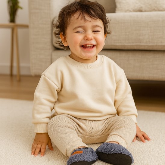 Garçon rit avec chaussons bébé antidérapants