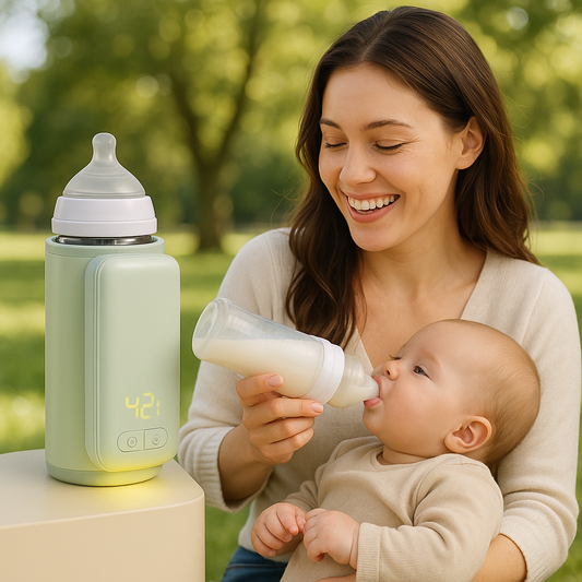 Mère-donne-breuvage-enfant-avec-meilleur-chauffe-biberon-nomade-universel