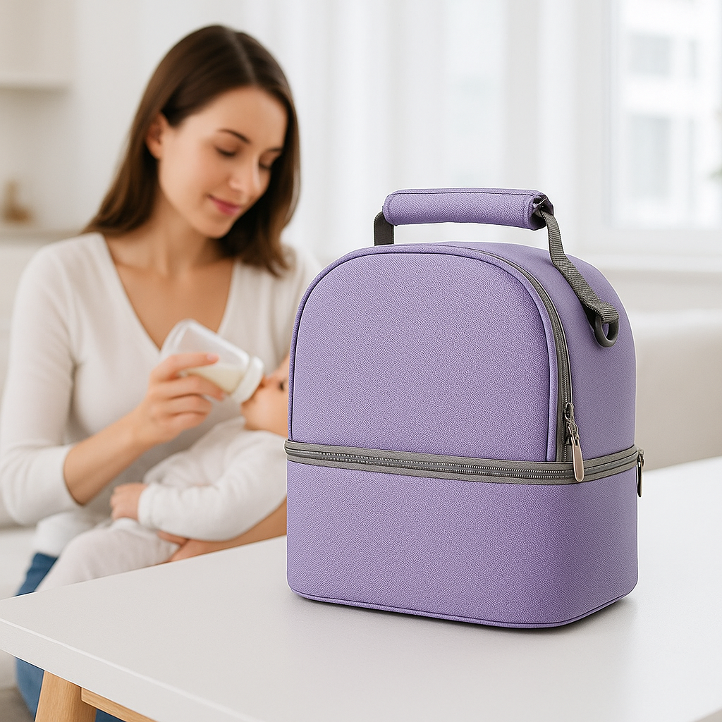 Maman-allaite-bébé-derrière-sac-isotherm-biberon-spacieux
