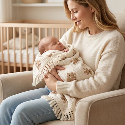 Maman berce bébé dans lange d emmaillotage ourson mignon