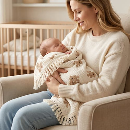 Maman berce poupon dans lange d emmaillotage ourson mignon