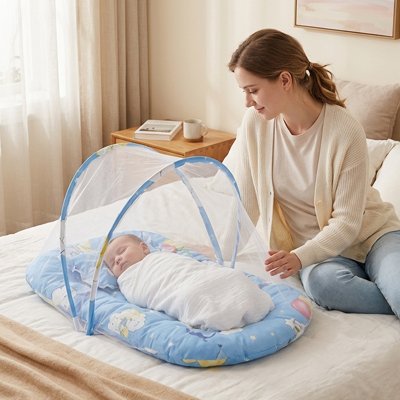 Maman regarde bébé dans lit de voyage pour bébé ultra léger bleu