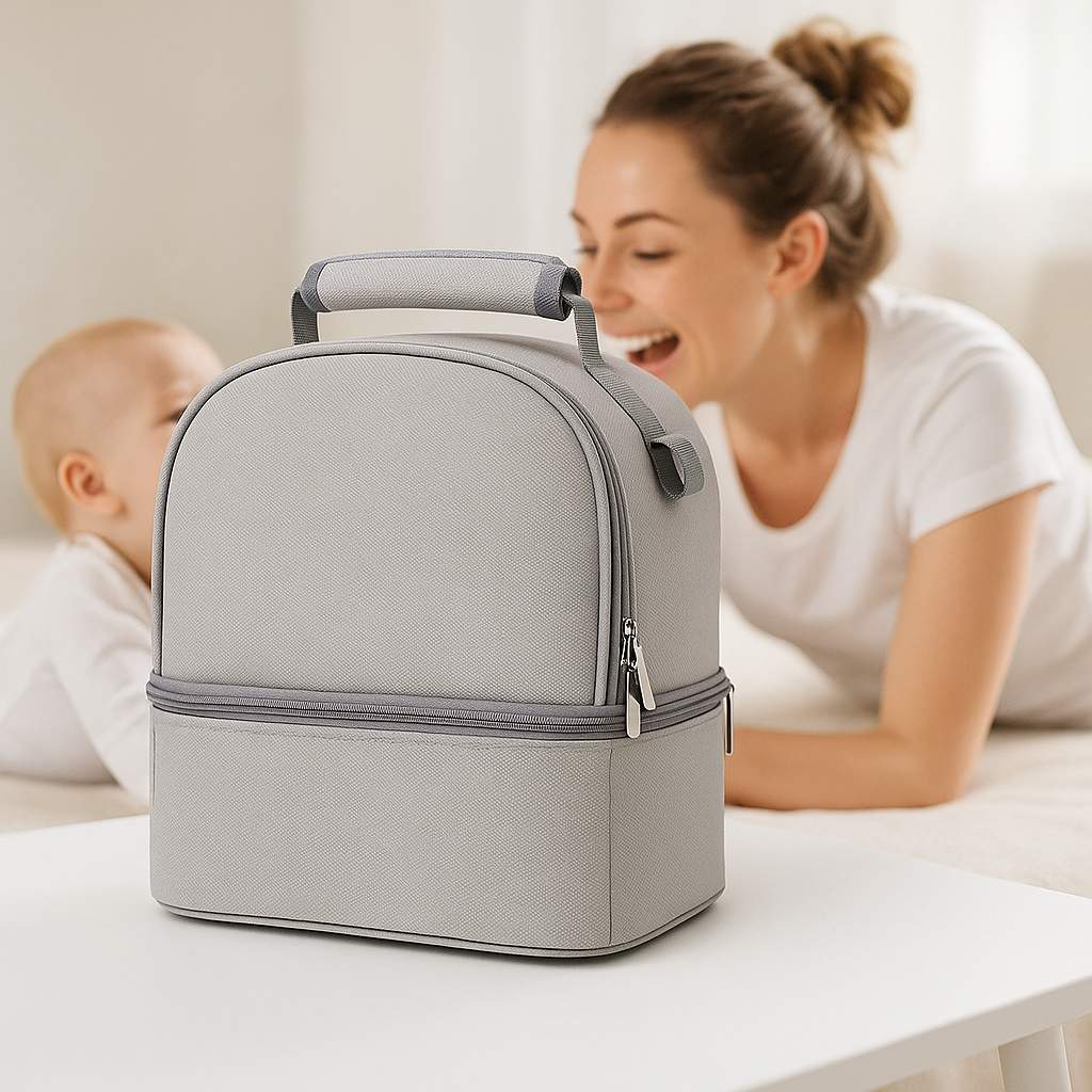 Maman-rit-avec-bébé-à-côté-de-sac-isotherm-biberon-spacieux