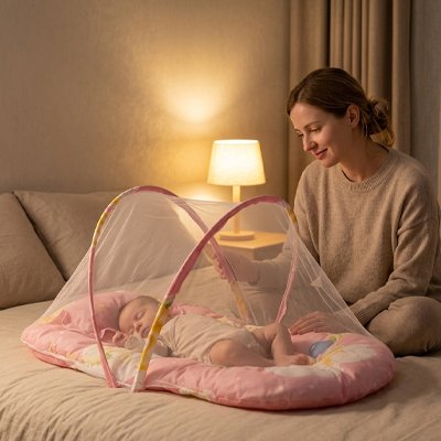 Maman surveille bébé dans lit de voyage pour bébé ultra léger rose