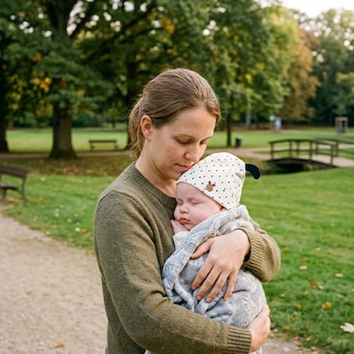 Maman et poupon avec bonnet pour bebe douce caresse