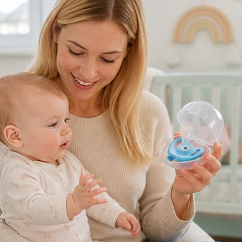 Maman montre la boite à tétine translucide nomade