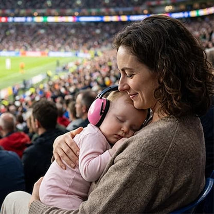 Maman réconforte bébé avec casque anti bruit pour bebe 
