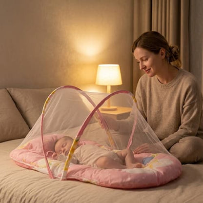 Maman surveille poupon dans lit de voyage pour bébé ultra léger rose