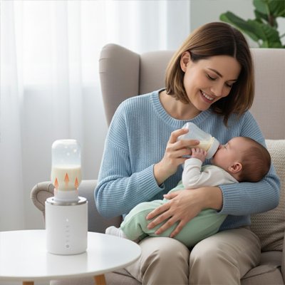 Mère-allaite-bébé-avec-chauffe-biberon-bebe-intelligent