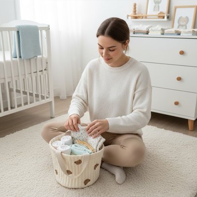 Mère assise au sol avec panier de rangement bebe ourson