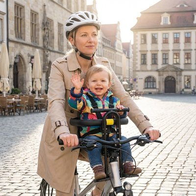 Mère avec enfant sur porte bebe velo sécurisé