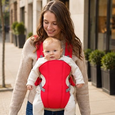 Mère avec porte bébé douillet rouge