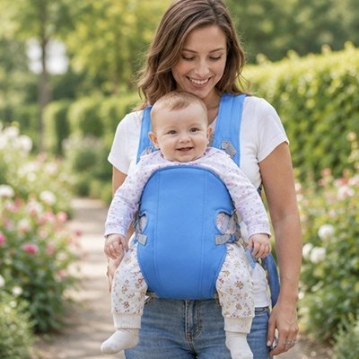 Mère avec  poupon dans porte bébé physiologique bleu ciel