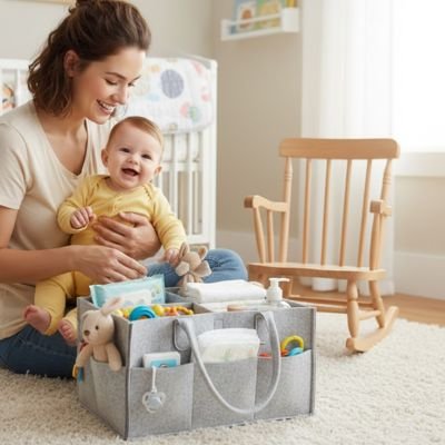 Mère câline bébé à côté de panier de rangement bebe ultra-pratique