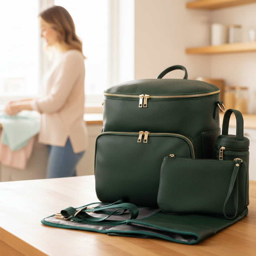 Mère dans cuisine avec  sac a dos maman céleste