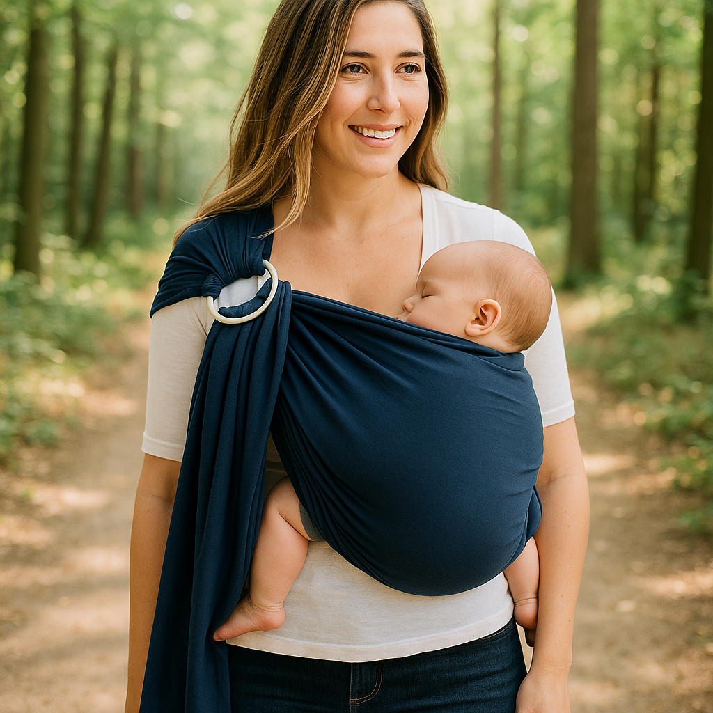 Mère dans forêt avec enfant dans-écharpe de portage sling harmonie